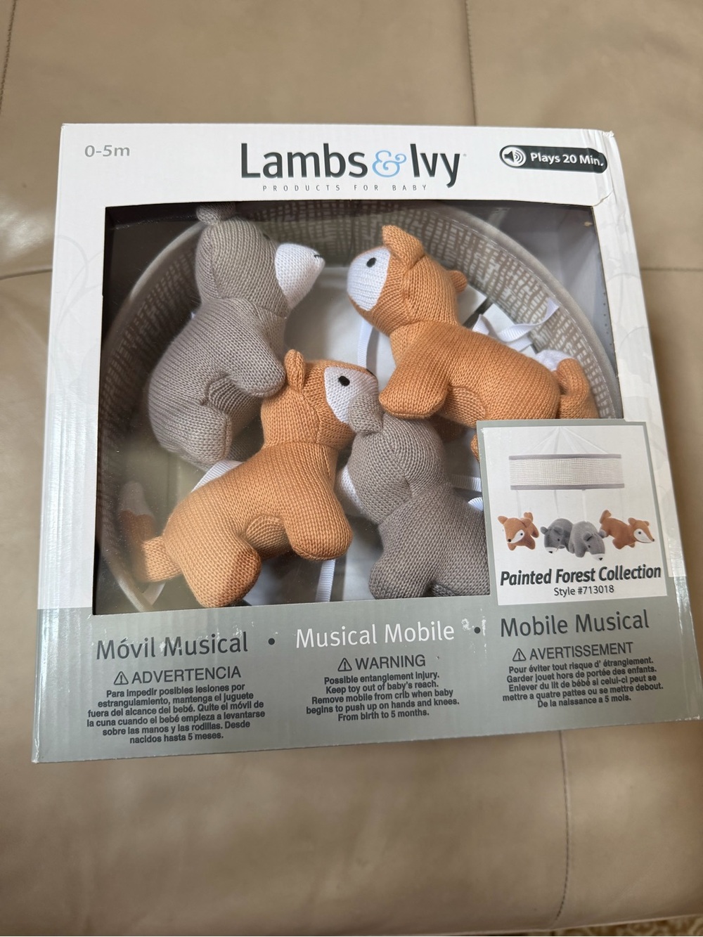 Lambs & Ivy Painted Forest Musical Mobile Tan & Gray Woodland Foxes, New in Box
